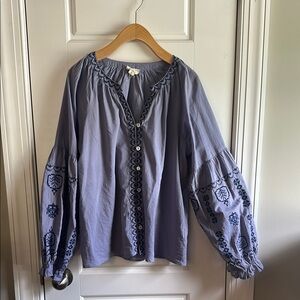 Nicole Miller Blue Puff Sleeve Blouse with Embellished Details